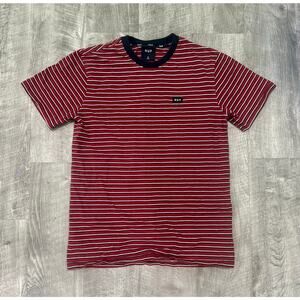 HUF Worldwide Red Striped T-Shirt‎ Mens Small S Black White Embroidered Logo